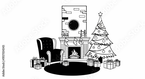 Festive living room scene with armchair, fireplace, Christmas tree, and gifts