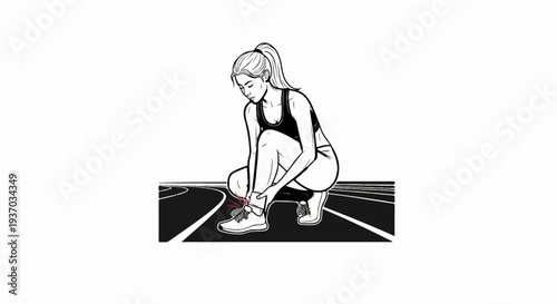 Female athlete kneels on track, tending to injured ankle