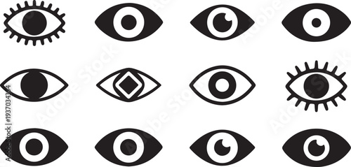 Black and white eye symbols with various on a white background pattern