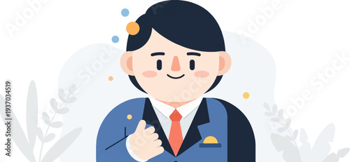 Friendly cartoon professional in suit gives a thumbs-up gesture amidst stylized foliage and floating orbs