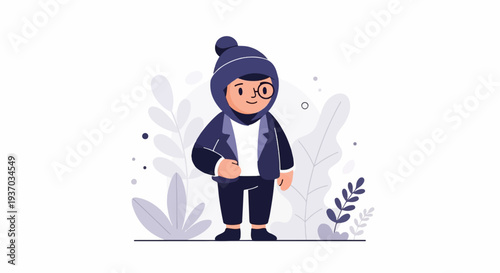 Flat design illustration of a person wearing a blue headscarf and jacket