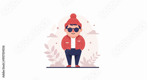 Cute cartoon boy with sunglasses, red jacket, beanie and blue pants standing outdoors with plants and clouds