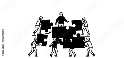 People working together to assemble a large puzzle of interconnected shapes