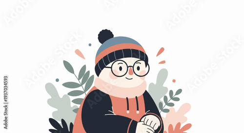 A stylized character wearing a winter hat and scarf, surrounded by abstract floral shapes