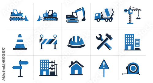 A collection of blue and dark blue vector icons representing various construction elements, including heavy machinery, safety tools, and building structures.