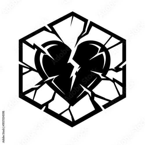 Powerful B&W vector art: deeply broken heart, jaggedly cracked, inside shattered hexagonal frame. Symbolizes intense emotional pain, fragility, loss, heartbreak, resilience, inner strength. Great for