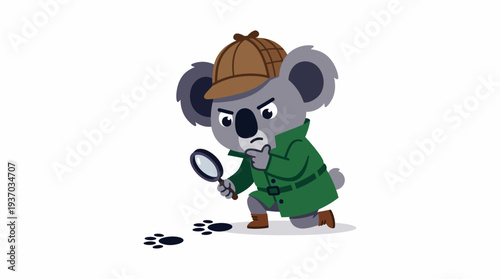 Adorable cartoon koala detective with a magnifying glass meticulously examining footprints, embarking on an intriguing investigation to solve a whimsical mystery