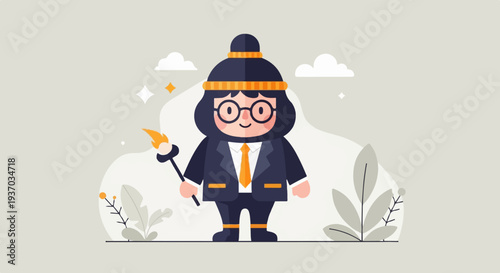Stylized person in suit, beanie, glasses, holding a torch, with abstract background elements