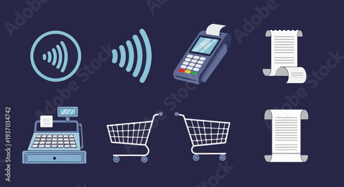 Icons represent contactless payment, transaction receipts, and shopping carts