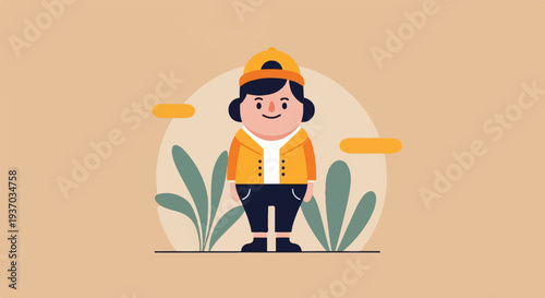 A charming cartoon child in a yellow jacket and cap stands amidst abstract plants and shapes