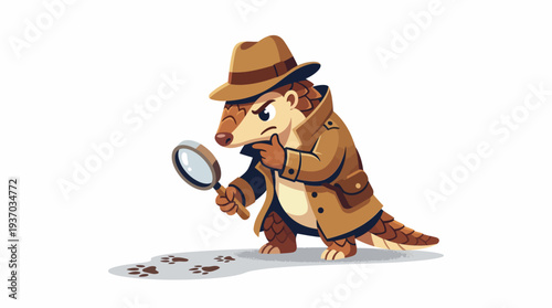 Anthropomorphic pangolin detective with magnifying glass examining clues on the ground, conveying investigation and mystery