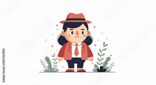 A stylized cartoon character wearing a hat and suit stands amidst sparse foliage