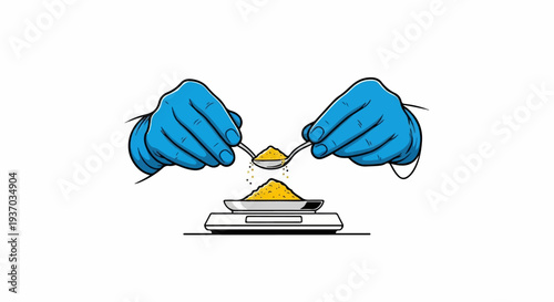 Hands in blue gloves measuring yellow powder on a scale