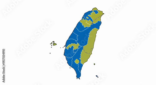 Map of Taiwan divided into blue and green regions with island territories
