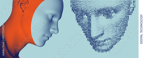 A face as a cascading digital code matrix near a stipple style face.  Concept of digitalization and artificial intelligence. Supervision and control. Illustration for brochure, poster or presentation.