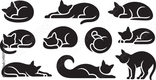 Black and white silhouettes of cats in various resting positions