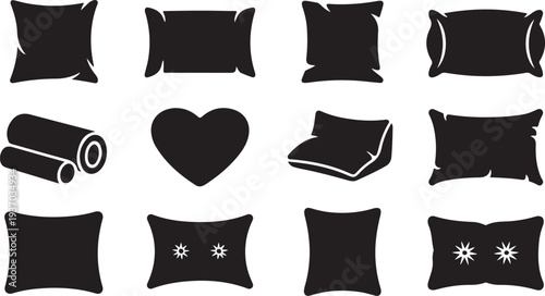 Black and white pillows and rolled fabric in various shapes and square rectangle