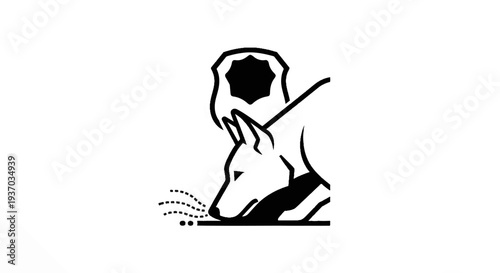 Stylized black and white illustration of a dog sniffing