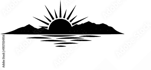 Stylized black silhouette of a sun rising over mountains and reflecting in water