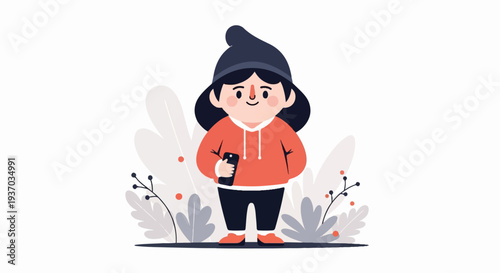 Cheerful cartoon child in orange hoodie, dark hat, and pants, holding a smartphone amidst abstract foliage