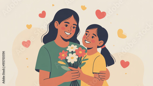 Heartwarming mother and daughter embracing with flowers surrounded by floating hearts soft beige background warm lighting tender moment cartoon style