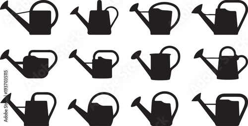 Black and white watering cans in various orientations and styles silhouette garden