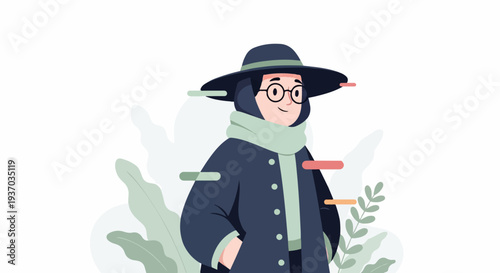A person in a hat and scarf, surrounded by abstract plant shapes and horizontal lines