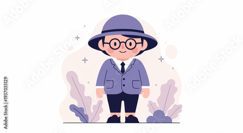 A stylized, cartoonish character wearing a purple hat, suit, and glasses
