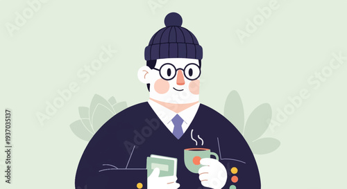 Cheerful man in beanie, suit, and glasses enjoys coffee and a book indoors