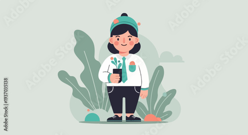 Cheerful person in a hat holds a potted plant amidst large, stylized leaves and soft clouds