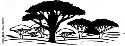 Silhouetted acacia trees stand tall across a rolling savanna landscape