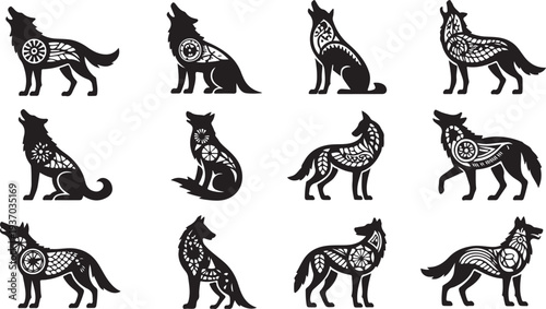 Black and white wolf silhouettes with intricate geometric patterns on their bodies