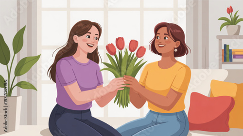 Two smiling women exchanging a bouquet of red tulips in a cozy living room with plants and books in the background