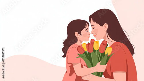 Mother and daughter sharing a tender kiss with a bouquet of colorful tulips in a warm orange dress against a soft pink background