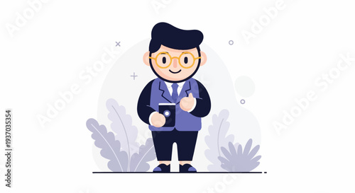 A stylized cartoon figure in a suit, holding a book and giving a thumbs up