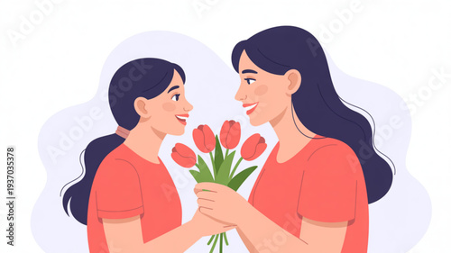 Mother and daughter sharing a tender moment with flowers on mother's day illustration of love and appreciation