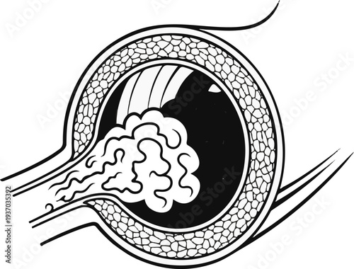 Stylized illustration of a blood vessel with a clot forming inside
