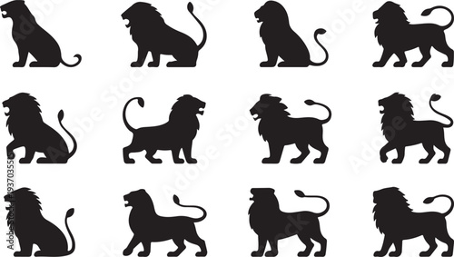Black silhouette of lions in various poses on white background animal wildlife