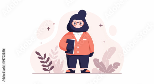 Stylized person with glasses and book, surrounded by abstract shapes and leaves