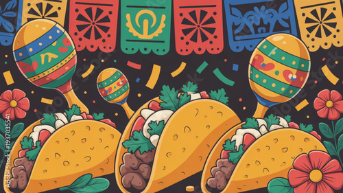 Vibrant mexican fiesta with tacos and maracas on black background colorful papel picado and flowers