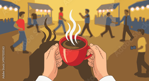 Enjoying a warm, steaming cup of coffee or tea held in hands, with a vibrant, blurred street market scene bustling in the background during golden hour.