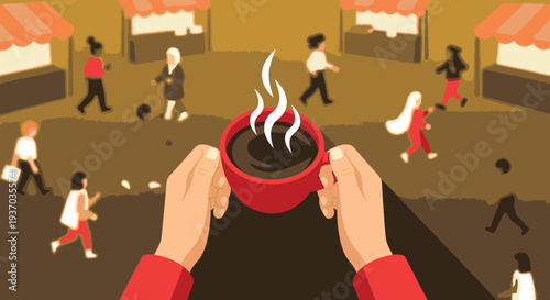 Enjoying a comforting, steaming red coffee in a first-person view, observing the vibrant energy of a bustling outdoor market filled with diverse people and various stalls.