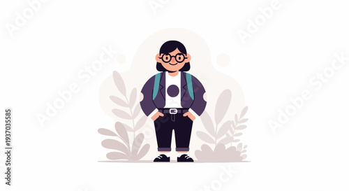 A stylized person wearing glasses and a backpack stands centered amidst soft leaf-like shapes