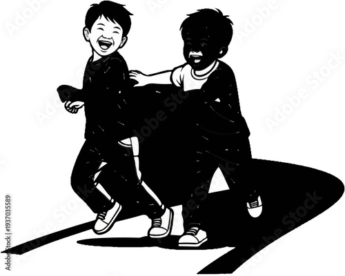 Two boys joyfully running together, casting long shadows