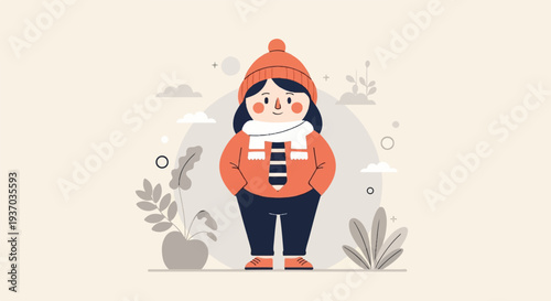 Cute person in winter attire with plants and clouds
