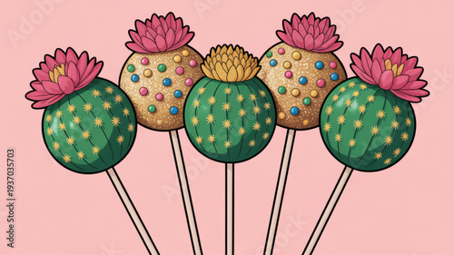 Colorful cactus lollipops with pink flowers on pastel pink background sweet treats whimsical design candy dessert illustration