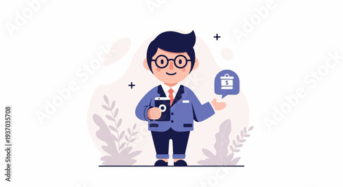 Cartoon businessman in suit holding phone and showing shopping bag with dollar