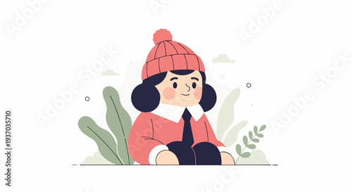 A cute character in a pink hat and jacket sits among plants