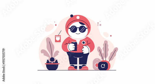 Playful character with sunglasses holds phone, surrounded by plants and drinks