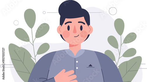 Flat illustration of a cheerful person with dark hair and a blue collared shirt, surrounded by abstract shapes and leaves